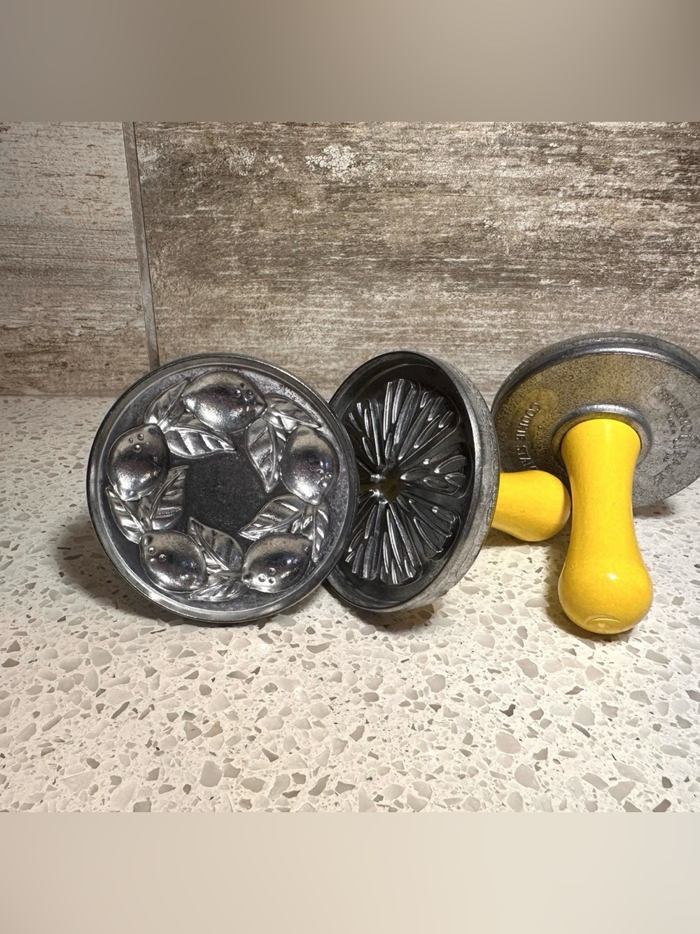 NORDIC WARE Set of 3 Cookie Stamps Cast Aluminum Yellow Wooden Handle